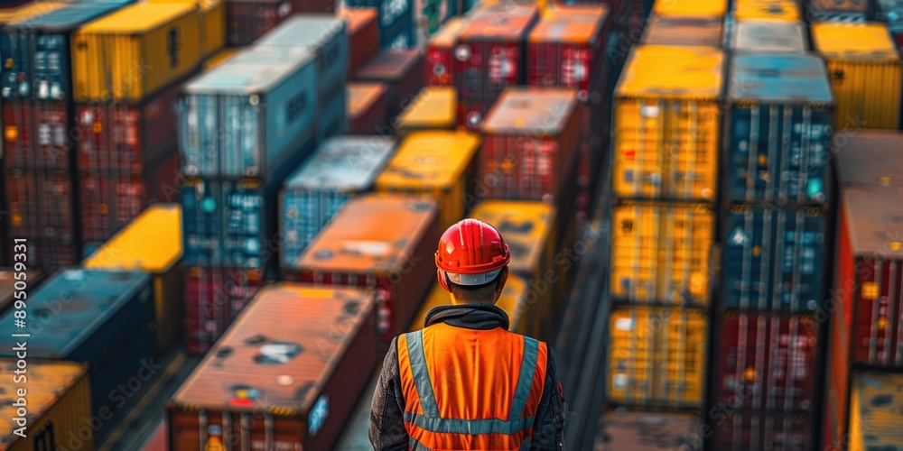 Fototapeta premium Skilled Crane Operator at Work in Shipping Port with Containers in Background, Sony A7 IV Close-up Shot