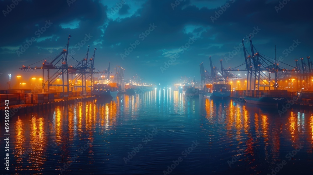 Twilight Bustle: Dynamic View of a Vibrant Shipping Port with Cranes, Cargo Ships, and Sparkling Waters through Sony A7 IV Lens. Twilight Bustle: Dynamic View of a Vibrant Shipping Port with Cranes, Cargo Ships, and Sparkling Waters through Sony A7 IV Lens.
