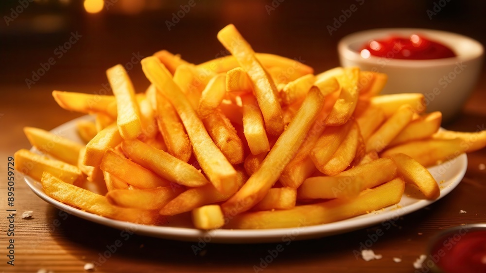 A delicious plate of golden fries served with a side of ketchup, perfect for any meal or snack.