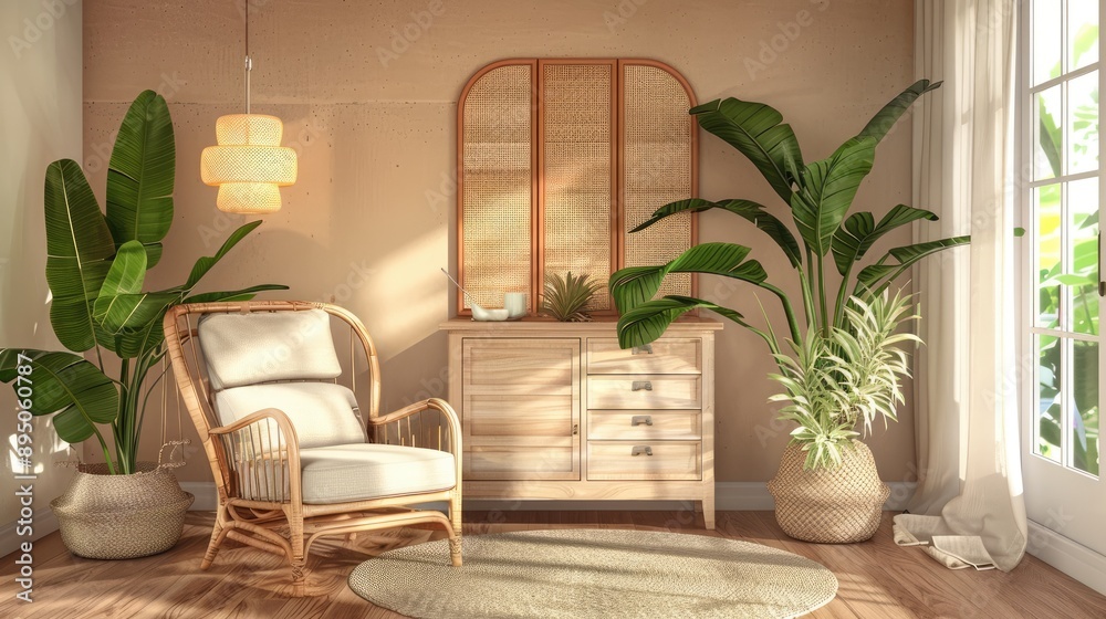 Living room redesign with cozy chair, dresser, screen, and plants Living room redesign with cozy chair, dresser, screen, and plants