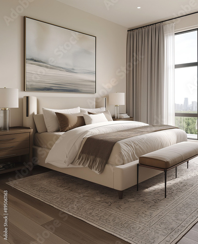 Modern Luxury Bedroom with White Oak Flooring and Light Neutral Palette