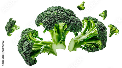 Hyper-Realistic Flying Broccoli Floret Isolated on White Background