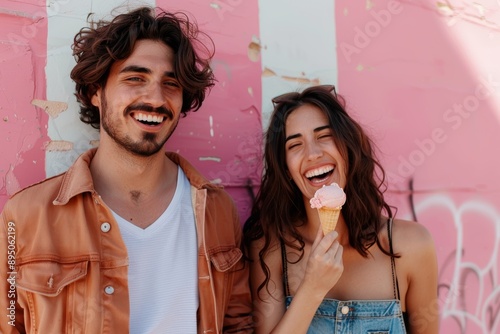 Portrait of a glad couple in their 20s eating ice cream