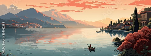 italian lake lanscape in simple cartoon style photo