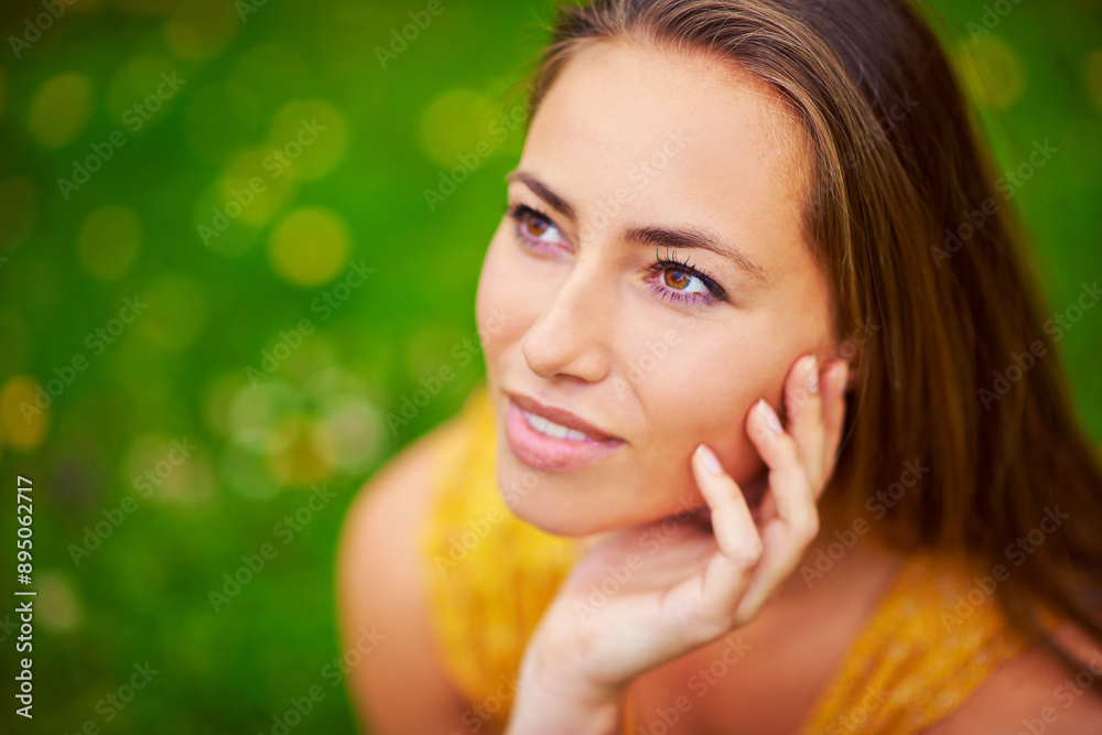 Thinking, outdoor and woman with nature, relax and ideas break, flowers and carefree moment. Field, person and girl with happiness, ecology and stress relief with inspiration, wellness and vitamin D Thinking, outdoor and woman with nature, relax and ideas break, flowers and carefree moment. Field, person and girl with happiness, ecology and stress relief with inspiration, wellness and vitamin D