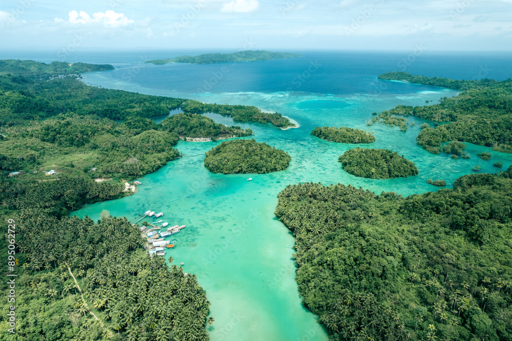 Beautiful tropical coastline with aquamarine water and lush vegetation in Sulawesi Tengah, Indonesia; Bentean, Kecamatan Bulagi Selatan, Kabupaten Banggai Laut, Sulawesi Tengah, Indonesia