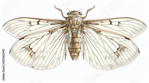 Cicada Wings. Hand-drawn Insect Wings in Macro Close-up Isolated on White Background