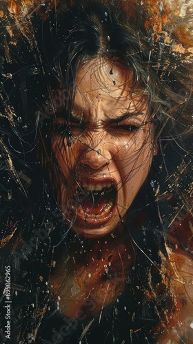 A painting of a woman screaming, intense eyes, crack-like details like shattered glass, dark wet hair, dramatic atmosphere with abstract elements.