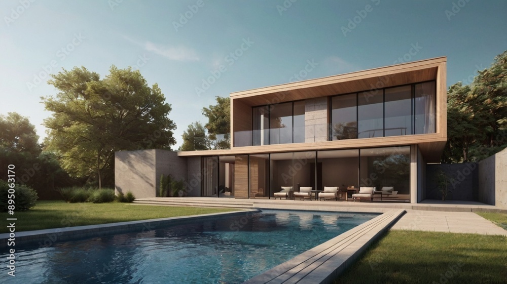 Fototapeta premium Architecture 3d rendering illustration of minimal modern house with natural landscape