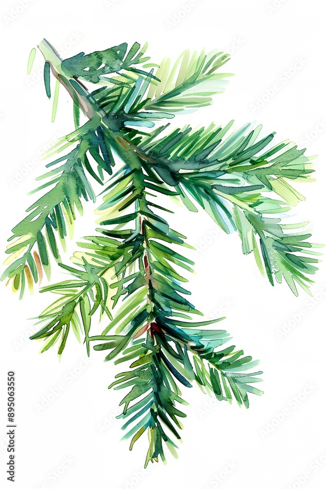 Naklejka premium Watercolor painting of fir tree branch with green needles. The painting has a serene and calming mood, with the blue and green colors blending together to create a peaceful atmosphere