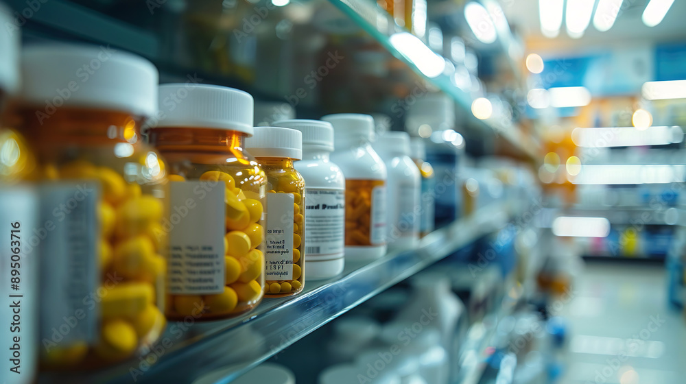 Blurry Medicine Bottles and Vitamins on Display Shelves Blurry Medicine Bottles and Vitamins on Display Shelves