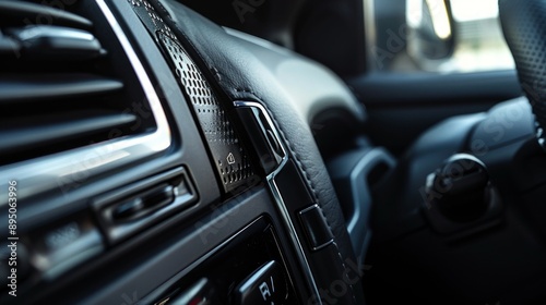 Interior of car shown with close-up on dashboard: black control panel, buttons, air conditioning vent. Black leather with gray accents. Single light source creates intense atmosphere. © COK House