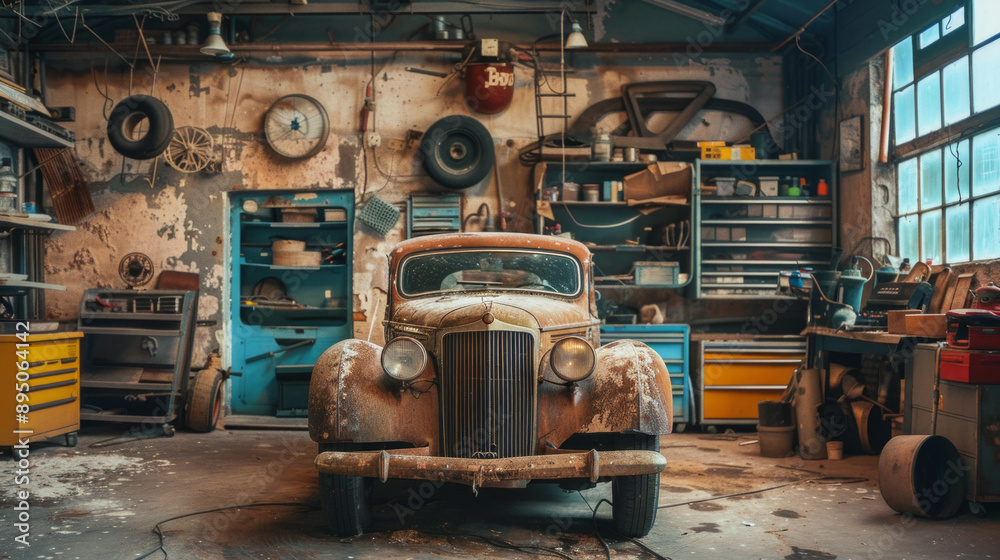 An old, rusty car sits in a cluttered garage with tools and tires, appearing frozen in time. The scene exudes a vintage feel, hinting at a location stuck in the past. An old, rusty car sits in a cluttered garage with tools and tires, appearing frozen in time. The scene exudes a vintage feel, hinting at a location stuck in the past.