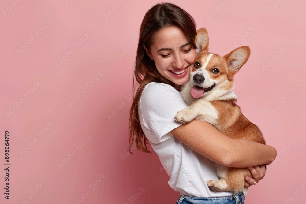 Pets On Plane. Beautiful Caucasian Woman Cuddling Cute Corgi Puppy on Pink Background Pets On Plane. Beautiful Caucasian Woman Cuddling Cute Corgi Puppy on Pink Background
