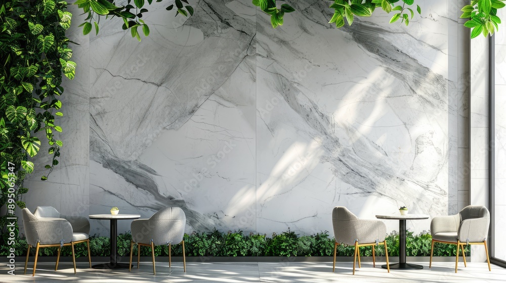 Chill spot indoors or outdoors with seating, marble wall, and greenery at sunrise. Text space for design. Chill spot indoors or outdoors with seating, marble wall, and greenery at sunrise. Text space for design.