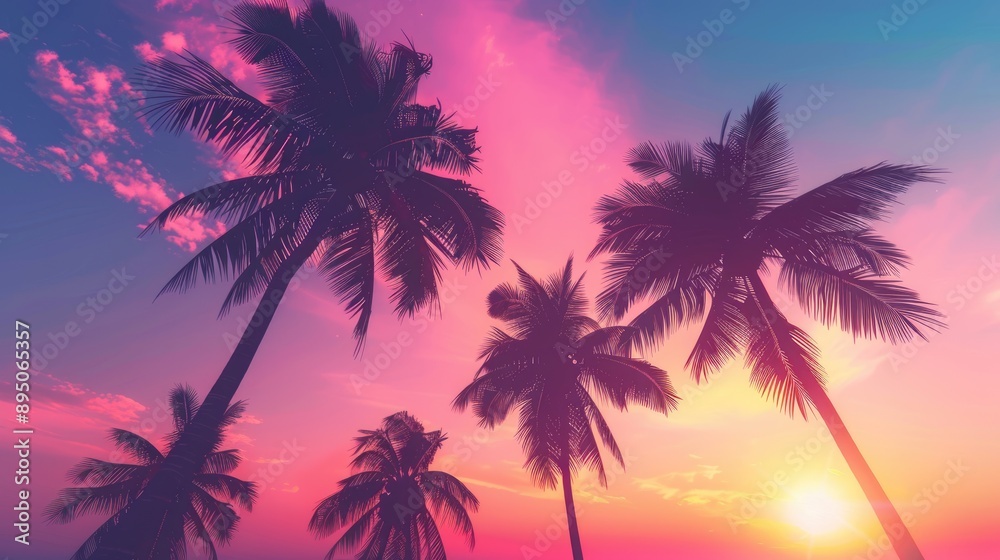 Coconut Pastel. Stunning Silhouette of Palm Trees at Pink Sunset Coconut Pastel. Stunning Silhouette of Palm Trees at Pink Sunset