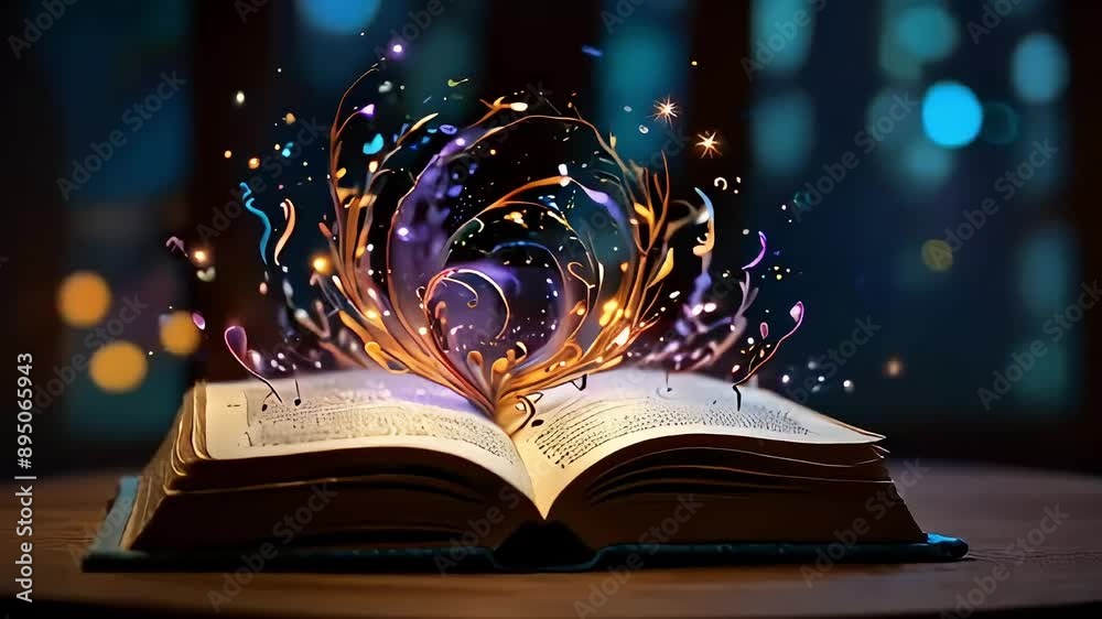Magic book with magic particles on it, open pages, cinematic slow motion animated video loop