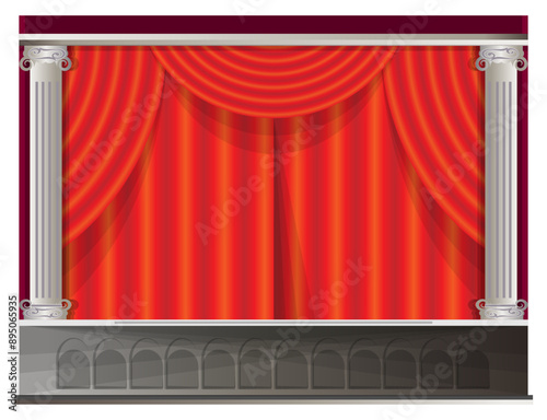 Theater stage, cinema, podium with closed red curtain and Greek columns on the sides. Vector illustration