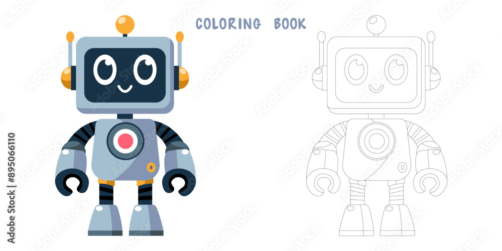 Coloring book of cheerful funny cartoon children's robot. Coloring page of cute cyborg, futuristic modern bot, android, smiling character in flat vector illustration isolated on white background. Coloring book of cheerful funny cartoon children's robot. Coloring page of cute cyborg, futuristic modern bot, android, smiling character in flat vector illustration isolated on white background.