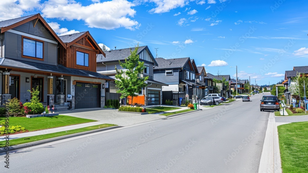 Sunny suburban street with neatly lined houses and green trees, under a clear blue sky. Sunny suburban street with neatly lined houses and green trees, under a clear blue sky.
