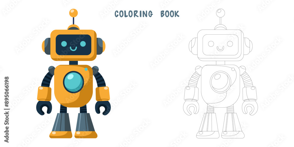 Coloring book of cheerful funny cartoon children's robot. Coloring page of cute cyborg, futuristic modern bot, android, smiling character in flat vector illustration isolated on white background. Coloring book of cheerful funny cartoon children's robot. Coloring page of cute cyborg, futuristic modern bot, android, smiling character in flat vector illustration isolated on white background.