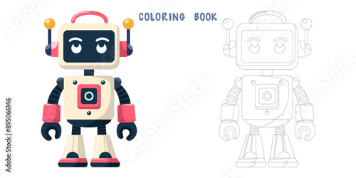 Coloring book of cheerful funny cartoon children's robot. Coloring page of cute cyborg, futuristic modern bot, android, smiling character in flat vector illustration isolated on white background.
