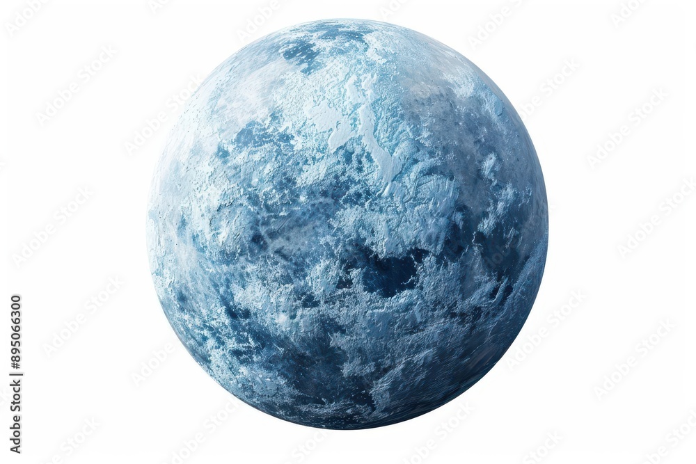 An abstract, blue textured sphere resembling a frozen planet or ice composition, set against a plain white background. An abstract, blue textured sphere resembling a frozen planet or ice composition, set against a plain white background.