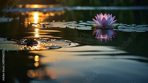 water lily in the pond, slow motion moving water cinematic animated video loop