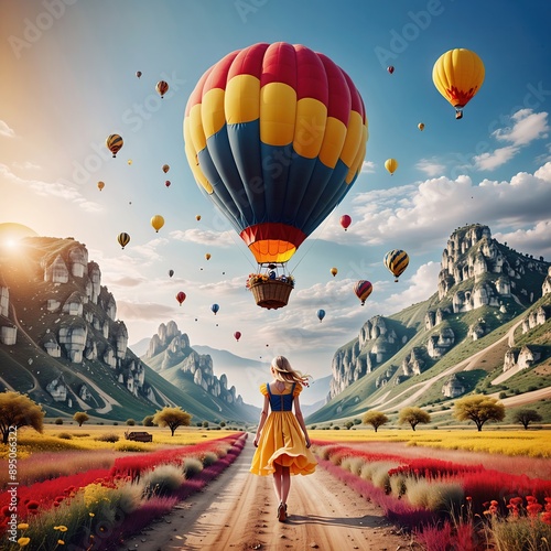 Mujer elegante camina en un paisaje de montañas con varios globos volando, se muestra uno al fondo, y l mujer camina hacia él. 