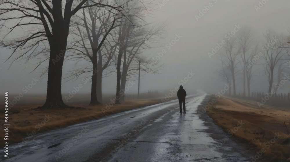 alone man wearing cloak at quiet mist road alone man wearing cloak at quiet mist road
