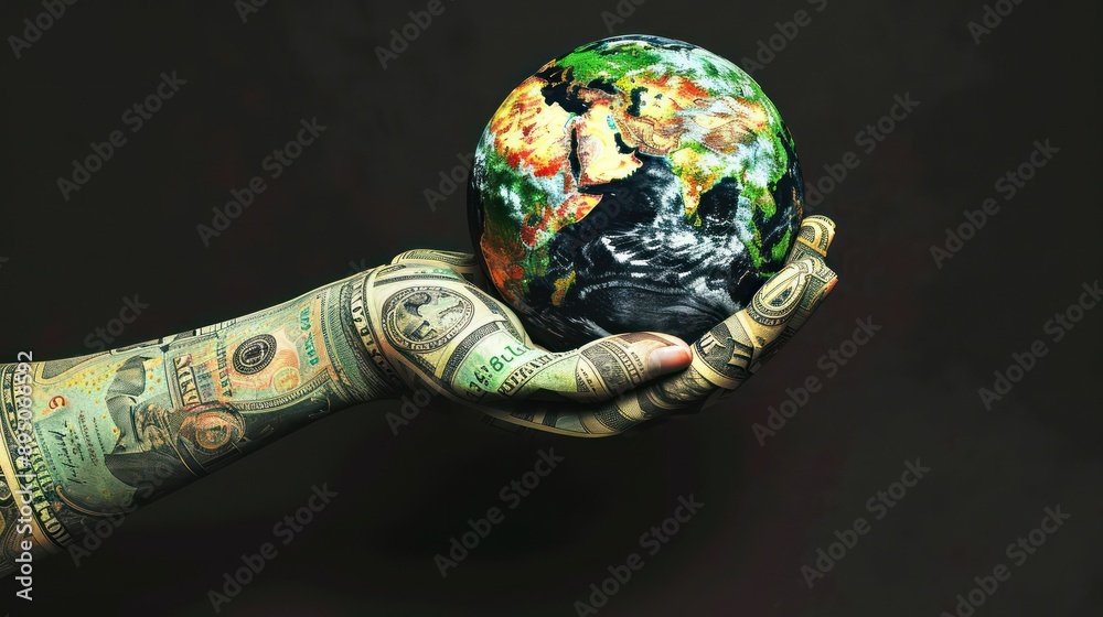 symbolic image of budget control with a giant hand made of currency tightly gripping a globe, on a stark black background symbolic image of budget control with a giant hand made of currency tightly gripping a globe, on a stark black background