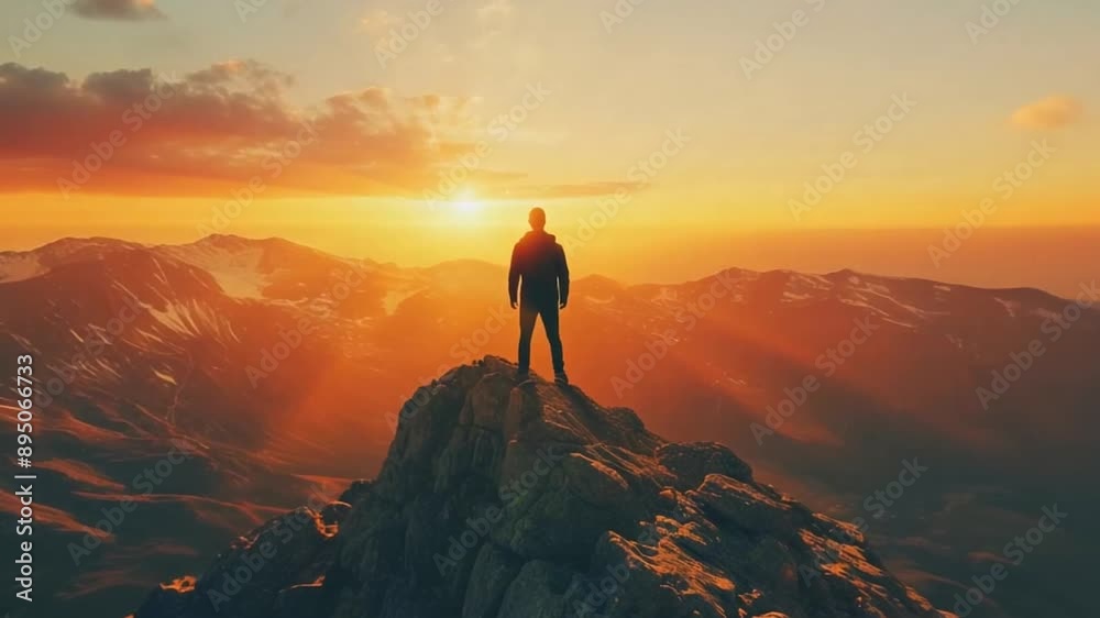 Man admiring sunset from mountain top in natural landscape Man admiring sunset from mountain top in natural landscape