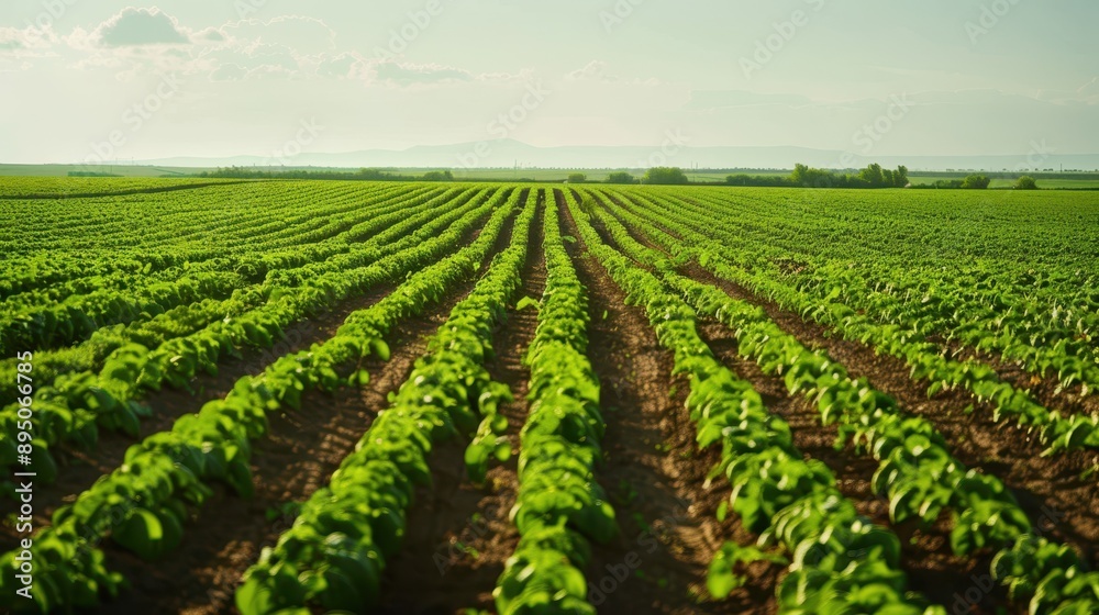 Expansive green farm field with rows of crops stretching into the distance under a clear sky. Sustainable agriculture concept. Expansive green farm field with rows of crops stretching into the distance under a clear sky. Sustainable agriculture concept.