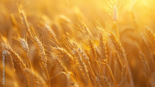 Golden wheat field shining under the morning sun with dewdrops creating a sparkling effect. Harvest and agriculture concept.