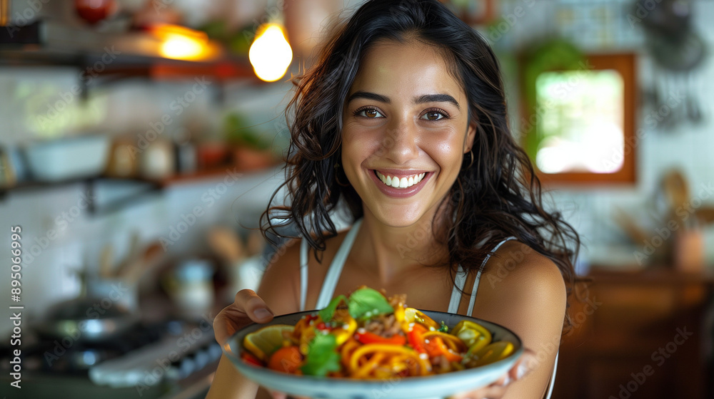 a girl is smiling as she eats a healthy dinner, beautiful women, colorist, lunch in the kitchen, vegan food, vegetarian, fruits, female nutritionist analyzing the nutritional components of the dish a girl is smiling as she eats a healthy dinner, beautiful women, colorist, lunch in the kitchen, vegan food, vegetarian, fruits, female nutritionist analyzing the nutritional components of the dish