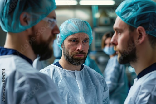 Dairy Science. Caucasian Male Biologist Team Discussing with Hairnets in Laboratory