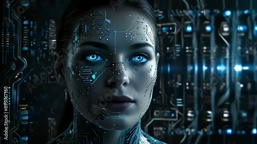 AI humanoid woman with glowing blue eyes with data code neural behind her, animated wallpaper video loop 