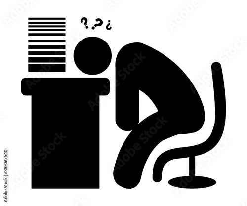 illustration of a silhouette of people who are tired because of lots of files. black flat icon hand drawn concept.