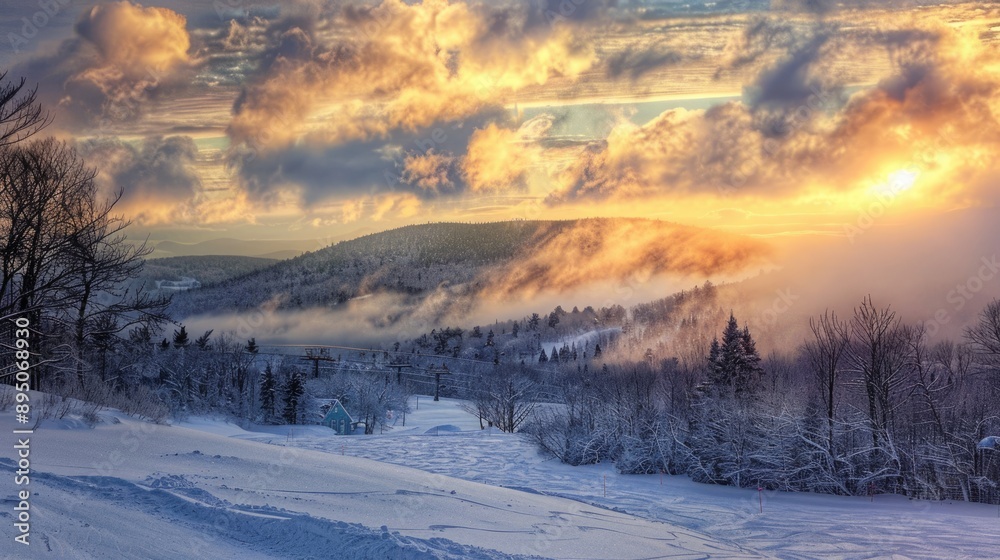 Maine Winter: Sunset Skiing Adventure in Snowy Mountains with a Dramatic Cloudy Sky Maine Winter: Sunset Skiing Adventure in Snowy Mountains with a Dramatic Cloudy Sky