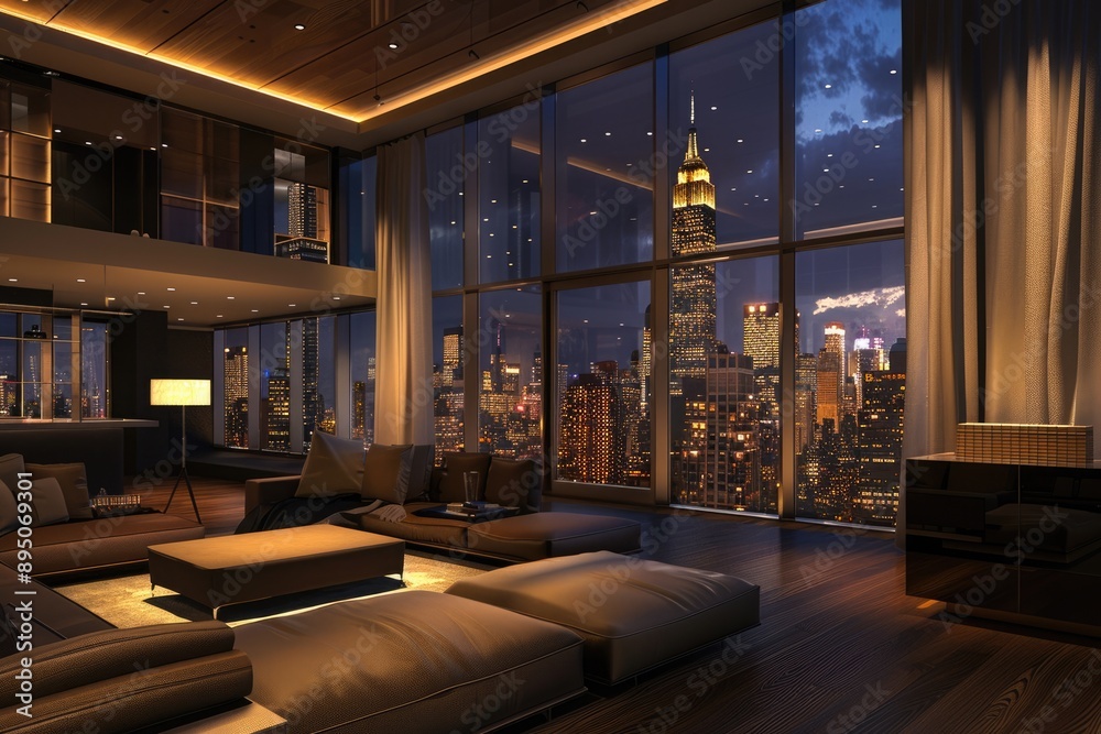 Penthouse View. Luxury Modern Interior Design of a Contemporary Apartment in New York City at Night Penthouse View. Luxury Modern Interior Design of a Contemporary Apartment in New York City at Night