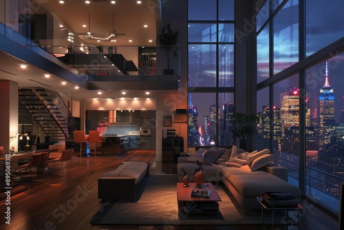 Penthouse View. Modern Interior Design of Luxury Apartment in New York City with Cinematic Night Lighting
