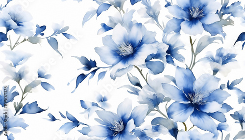 Floral design of Blue and White Flowers. Exquisite digital watercolor in pastel tones and softly textured. Banner format. Ratio 16:9