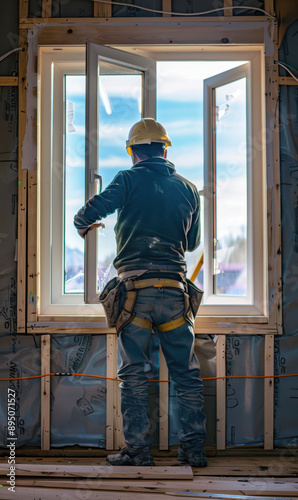 Wallpaper Mural Professional studio photo of a worker installing a window inside a new built house, under construction. Torontodigital.ca