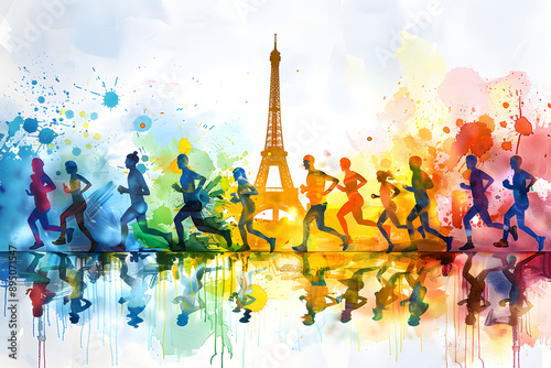 Vibrant Paris Olympics Runners in Impressionist Watercolor - Eiffel Tower Backdrop photo