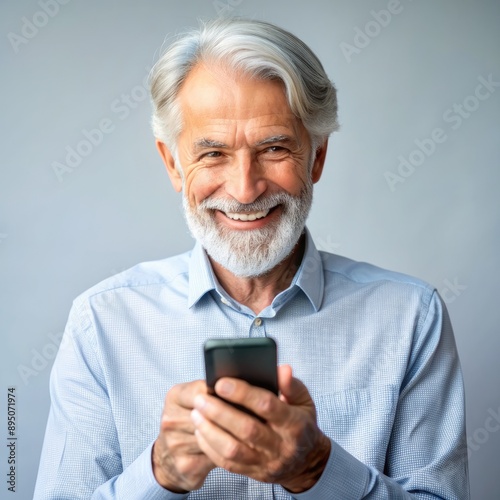 Cheerful Senior Man Using Smartphone Indoors. Generative AI © Irina