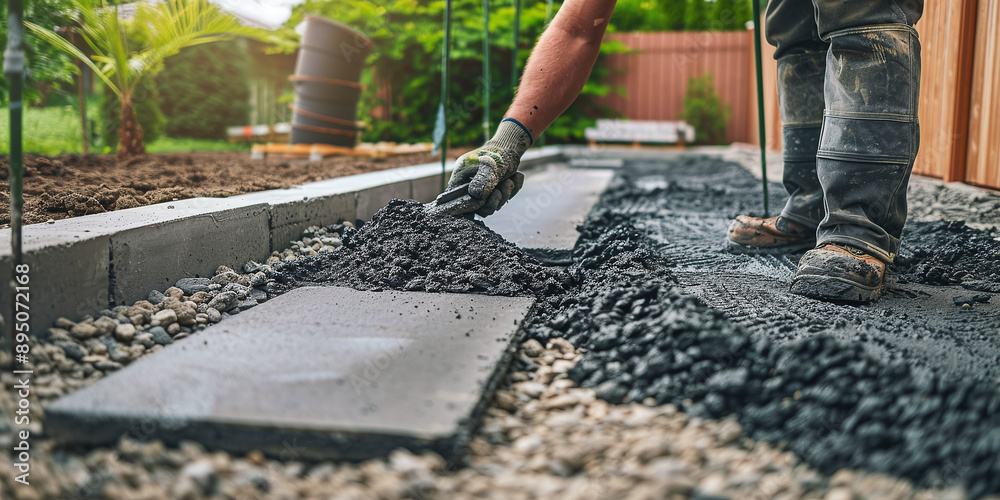 man laying concrete paving slabs for patio man laying concrete paving slabs for patio