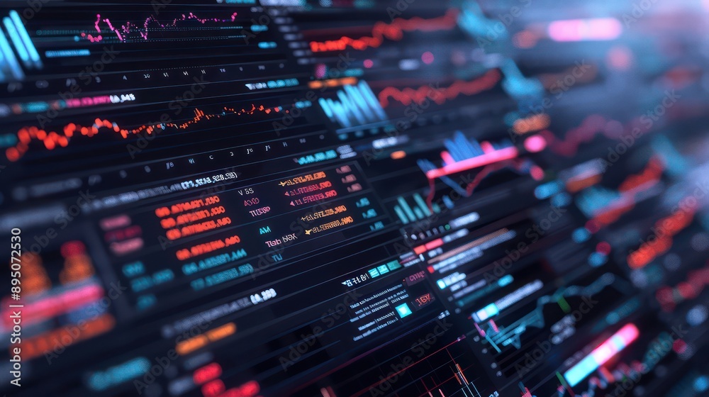 advanced algorithm visualization on a high-resolution screen, showing predictive analytics for stock market investments advanced algorithm visualization on a high-resolution screen, showing predictive analytics for stock market investments