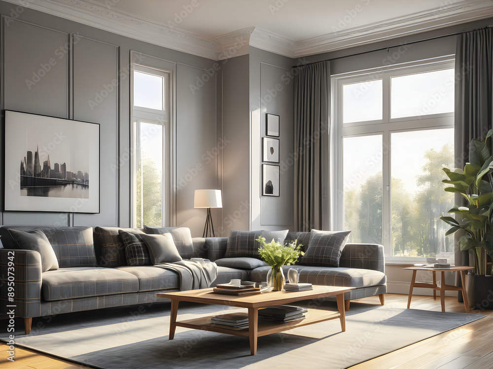 Naklejka premium Perfect modern and simple bright elegant luxury interior and cityscape view. Luxurious loft city center home, top apartment cozy amazing living room, decoration, sofa, lamps, windows. Generative AI