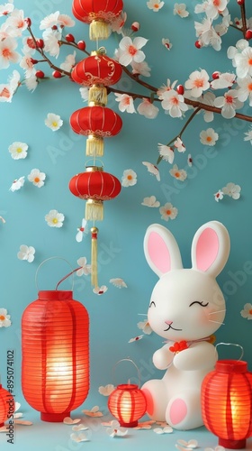 jade rabbit and Mid autumn festival, Retro vintage style of Asian traditional holiday. red flashlight