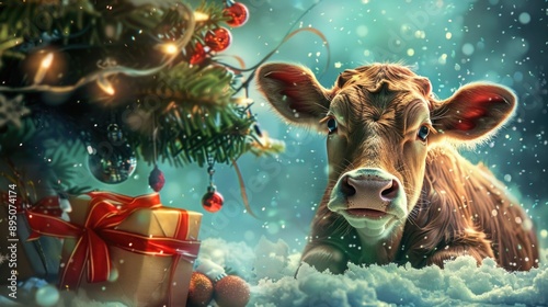 cow, bull near the Christmas tree. christmas pets. happiness, celebration and fun. artiodactyl animals.